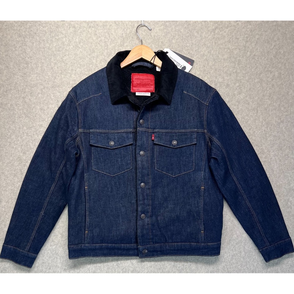 NWT Levi's Mens Sherpa Trucker Denim Jacket Engineered Jeans Dark Blue Pockets L